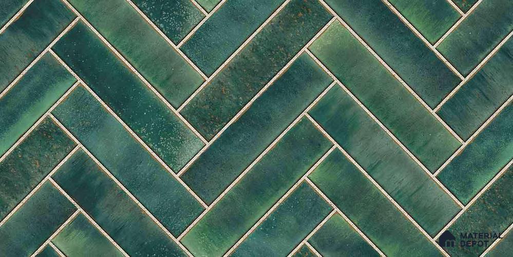 Faux Subway Wall Tile TL 11683 F Forest Herringbone 2 ft x 1 ft Ceramic Glossy Finish Tile - 9 mm | Suitable For Bathroom, Balcony & Kitchen Backsplash