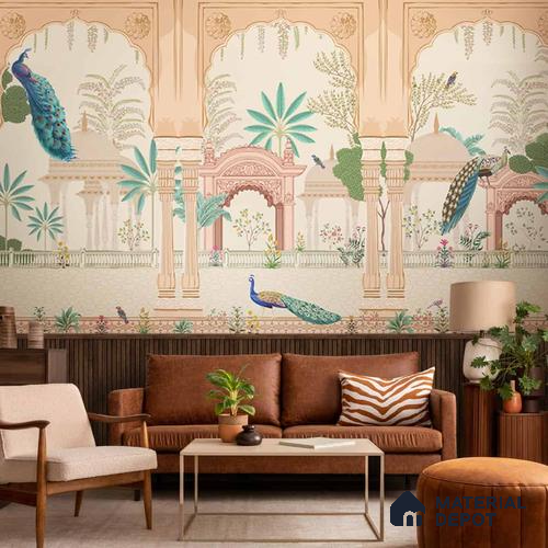 Aangan Indian Theme Soft Feel Wallpaper with Peacocks (Customised Wallpaper)