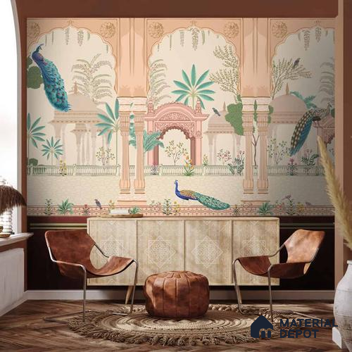 Aangan Indian Theme Canvas Wallpaper with Peacocks (Customised Wallpaper)
