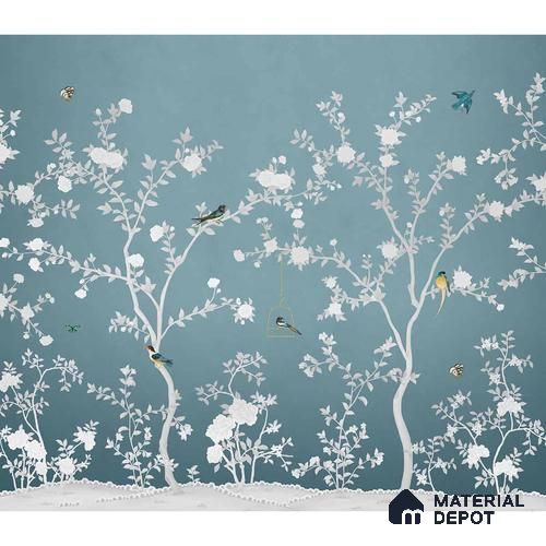 Aura in the Garden Blue Chinoiserie Wallpaper Sukoon Series Canvas Chinoserie Design (Customised Size Wallpaper)
