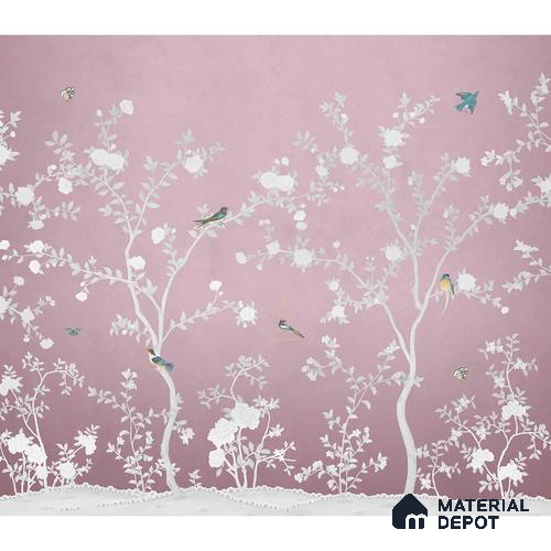 Aura in the Garden Pink Chinoiserie Wallpaper Sukoon Series Handmade Chinoserie Design (Customised Size Wallpaper)