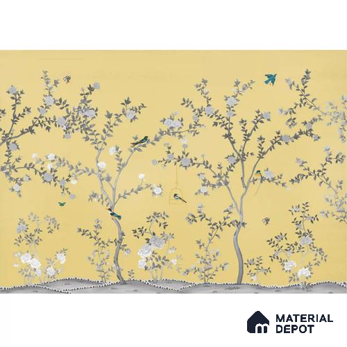 Aura in the Garden, Yellow Chinoiserie Handmade Wallpaper