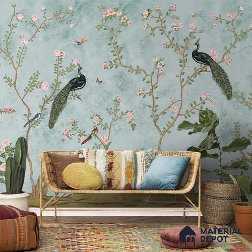 Bagiya, Peacock Canvas Chinoiserie Wallpaper in Indian Style (Customised Size Wallpaper)