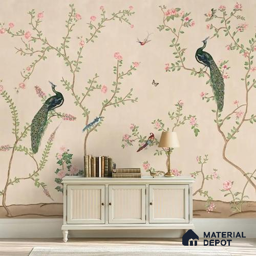 Bagiya, Peacock Chinoiserie in Indian Style, Clay Beige, Customised Canvas Wallpaper