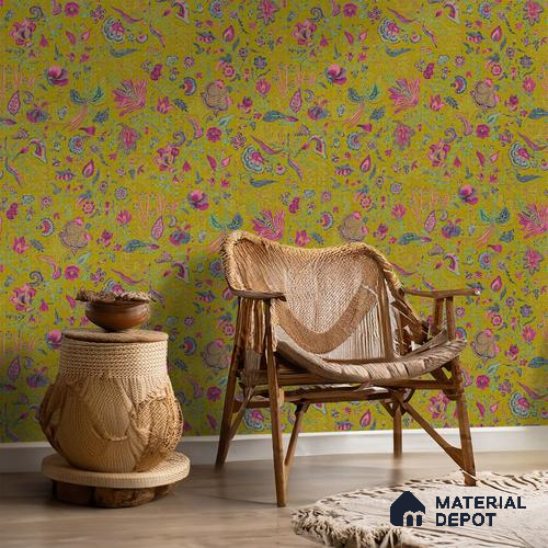Bahaar A Symphony of Indian Flowers Greenish Yellow 10 Meter x 19.68 Inches Canvas Paper Type Wallpaper -54 Sq. Ft. | Minimum 15% wastage during installation