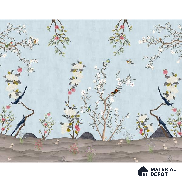 Beautiful Blue Chinoiserie Room Wallpaper, Customised Indrani Series Handmade Florals Design (Customised Size Wallpaper )