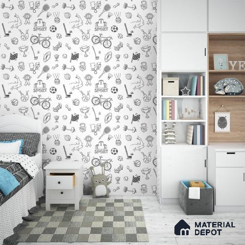 A close-up of aBlack and White Sports Wallpaper for Kids Rooms Sparkla N Shine Series Patterned Design (Customised Size Wallpaper) with a finish available at Material Depot in Bangalore