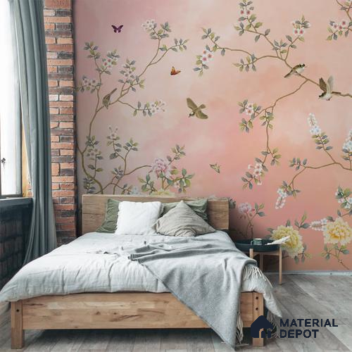 Blossom, Peach Chinoiserie Wallpaper, Customised Sukoon Series Soft Feel Chinoserie Design (Customised Size Wallpaper)