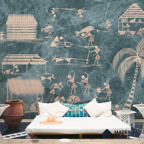 Blue Warli Indian Art Design Wallpaper Indrani Series Soft Feel Tropical Design (Customised Size Wallpaper )