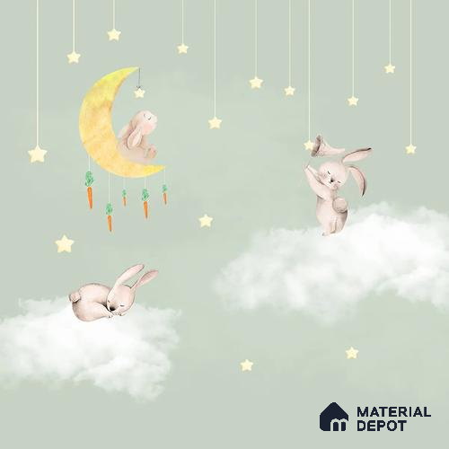 Bunnies in Sky Kids Room Wallpaper Pastel Green Handmade (Customized Size Wallpaper)