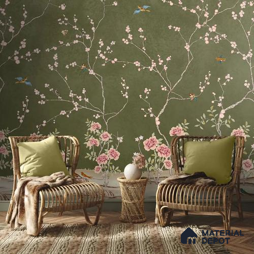 Chinoiserie Pattern Soft Feel Floral Look Green Color (Customised Size Wallpaper)