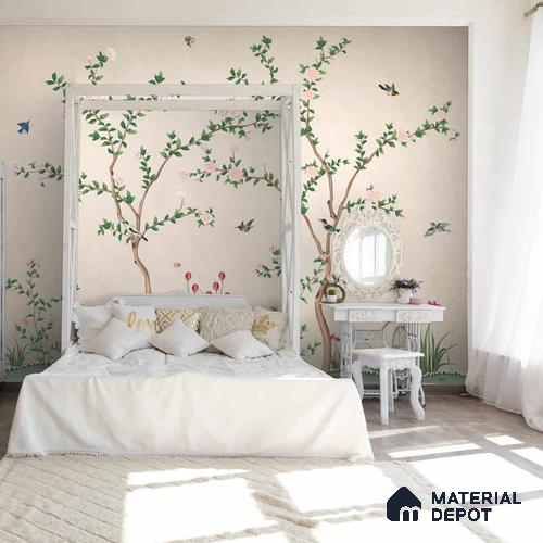 Chinoiserie Pattern Wallpaper, Birds and Branches, Customised Indrani Series Handmade Florals Design (Customised Size Wallpaper )