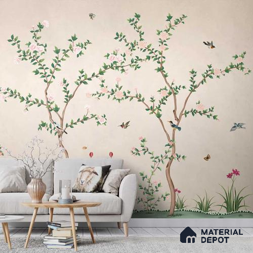 A close-up of aYellow Chinoiserie Wallpaper with Flowers and Birds, Customised Sparkla N Shine Series Chinoserie Design (Customised Size Wallpaper) with a finish available at Material Depot in Bangalore