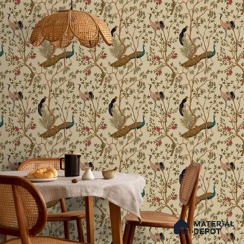 Chinoiserie Theme Wallpaper with Peacock, Khaki 10 Meter x 19.68 Inches Canvas Wallpaper - 54 Sq. Ft. | Minimum 15% wastage during installation