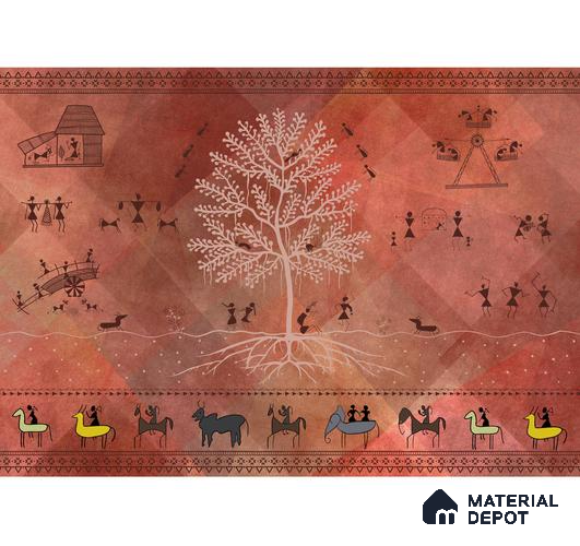 Chitra, Modern Warli Art Design Wallpaper Design for Walls, Customised Sukoon Series Canvas Patterned Design (Customised Size Wallpaper)