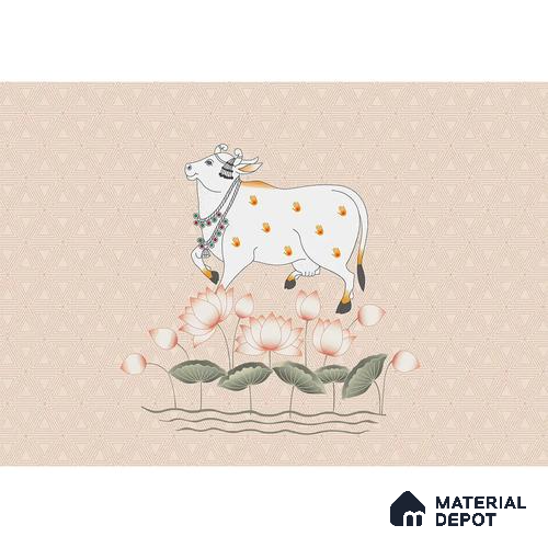 Cow and Lotuses, Pichwai Cream Color Handmade (Customised Wallpaper)