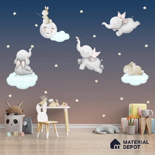 A close-up of aCute Elephants and Bunnies in Nursery Kids Room Wallpaper Sparkla N Shine Series Entertainment Design (Customised Size Wallpaper) with a finish available at Material Depot in Bangalore