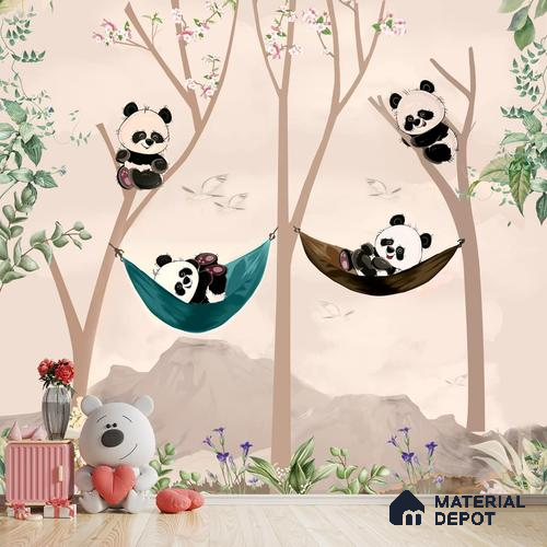 Cute Panda on Hammock Wallpaper for Kids Room Wall, Customised Sparkla N Shine Series Handmade Entertainment Design (Customised Size Wallpaper)