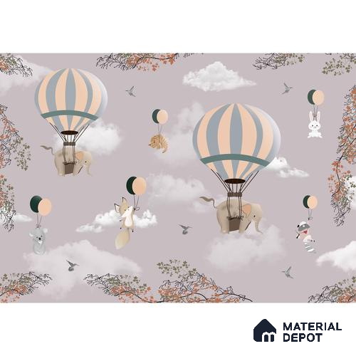 A close-up of aFlying Animals on Hot Air Balloons Wallpaper Design for Kids, Customised Sparkla N Shine Series Entertainment Design (Customised Size Wallpaper) with a finish available at Material Depot in Bangalore