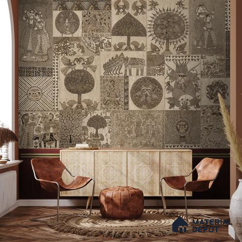 Geet Madhubani Sandstone Wallpaper In Vintage Brown (Customised Wallpaper)