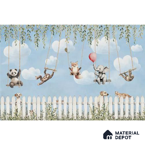 Animals Kids Room Wallpaper- Giggle Garden in Blue Color Canvas (Customized Size Wallpaper)
