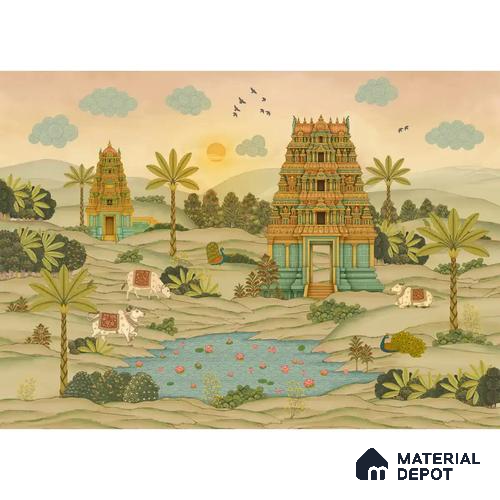 Gopuram Vatika Sandstone Wallpaper in South Indian Style, Customised