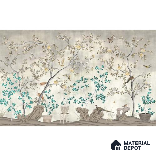 Grandeur in Silver Chinoiserie Sandstone Wallpaper for Wall, Customised