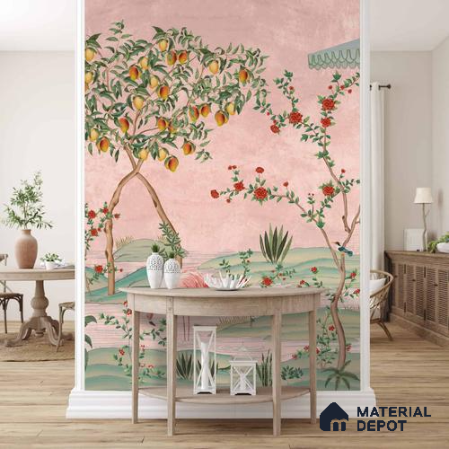 A close-up of aGulbiya, Pink Chinoiserie Wallpaper, Sukoon Collection, Customised Sukoon Series Chinoserie Design (Customised Size Wallpaper) with a finish available at Material Depot in Bangalore