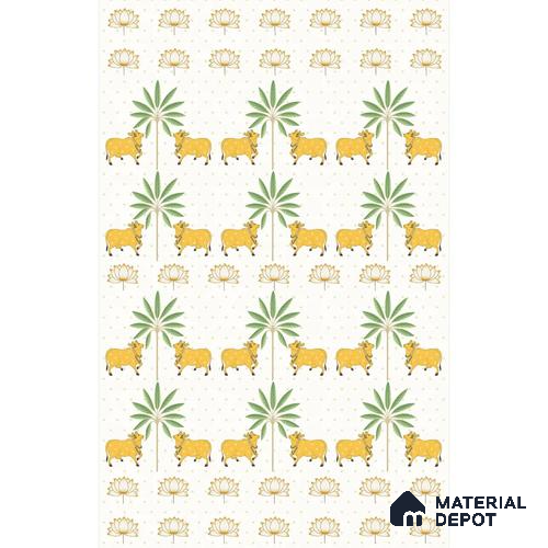 A close-up of aHeritage Pichwai Wallpaper for Rooms, Customised Sukoon Series Patterned Design (Customised Size Wallpaper) with a finish available at Material Depot in Bangalore
