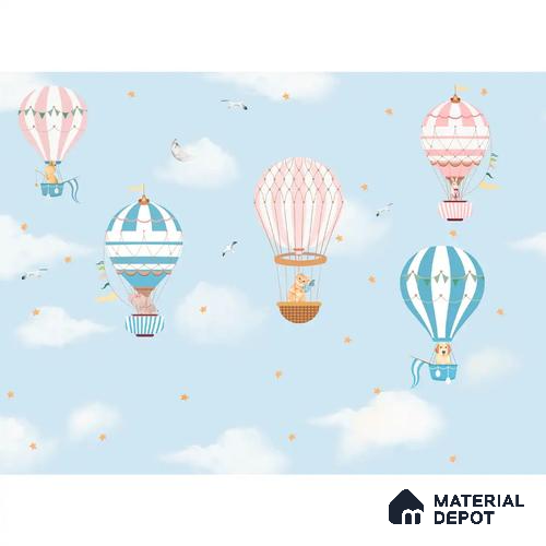Hot Air Balloons with Animals Soft Feel Wallpaper in Blue Color for Kids Room Walls