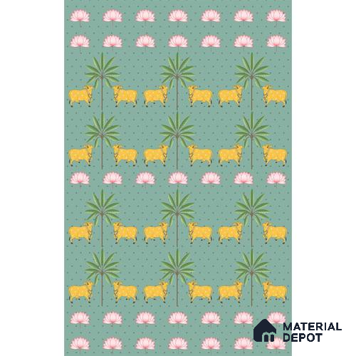 A close-up of aIndian Pichwai Green Wallpaper for Rooms, Customised Sukoon Series Patterned Design (Customised Size Wallpaper) with a finish available at Material Depot in Bangalore