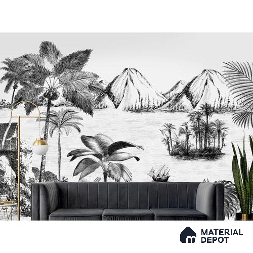 Khoob, Tropical Trees Black and White Wallpaper Sukoon Series Canvas Tropical Design (Customised Size Wallpaper)
