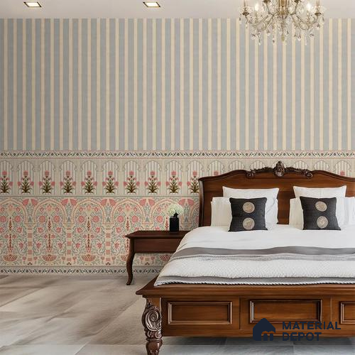 H903112 Kusum: Indian Floral Jharokha and Stripes Design Wallpaper Sukoon Series Canvas Florals Design (Customised Size Wallpaper)