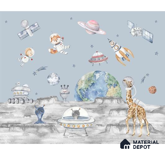 Lets go on a moon walk, Cute kids room wallpaper, Blue Sparkla N Shine Series Canvas Entertainment Design (Customised Size Wallpaper)