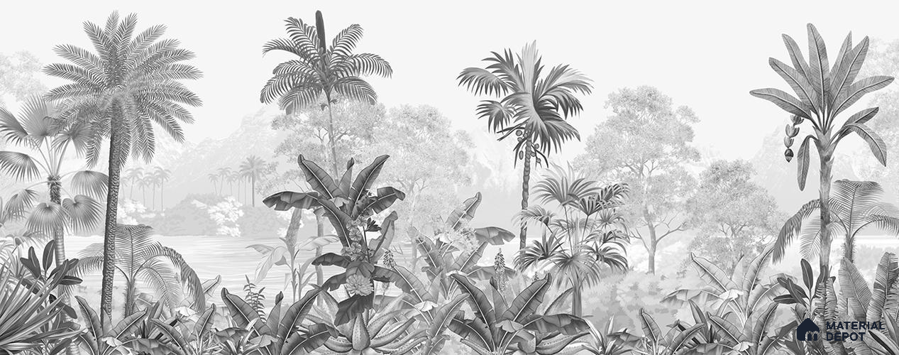 A close-up of aMonochrome Palm haven Wallpaper for Walls Sukoon Series Nature Design (Customised Size Wallpaper) with a finish available at Material Depot in Bangalore