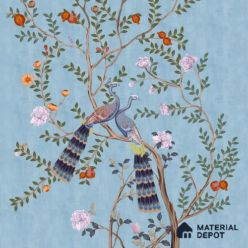 A close-up of aMorni, Peacock and Flowers Chinoiserie Design for Walls, Blue Sukoon Series Chinoserie Design (Customised Size Wallpaper) with a finish available at Material Depot in Bangalore