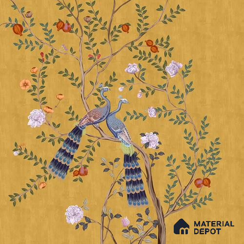 Morni, Peacock and Flowers Chinoiserie Design for Walls, Yellow Sukoon Series Canvas Chinoserie Design (Customised Size Wallpaper)