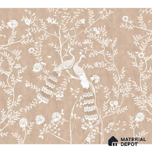 Morni, Peacock Chinoiserie Sandstone Wallpaper, Clay Beige Customised Wallpaper