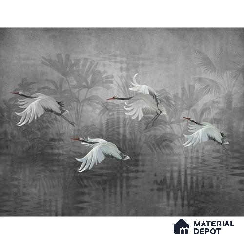Musafir Beautiful Cranes Grey Wallpaper Sukoon Series Canvas Abstract Design (Customised Size Wallpaper)