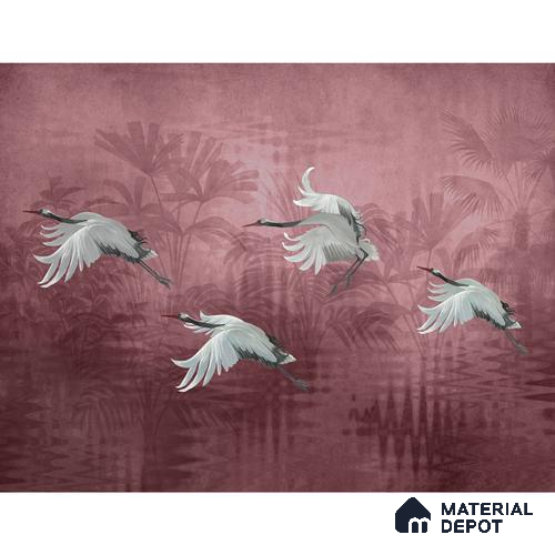 Musafir Beautiful Cranes Maroon Wallpaper Sukoon Series Canvas Abstract Design (Customised Size Wallpaper)