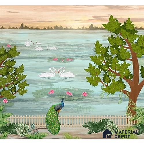 Nature Inspired Indian Design with Swans and Peacock Indrani Series Soft Feel Tropical Design (Customised Size Wallpaper )