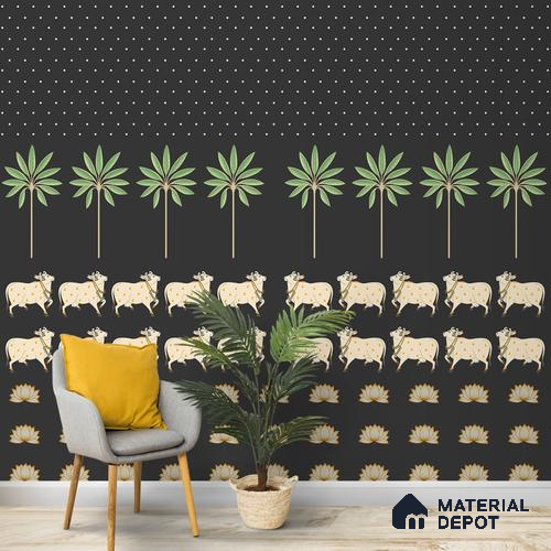 Pichwai Cow Painting Inspired Wallpaper for Walls, Customised Indrani Series Canvas Tropical Design (Customised Size Wallpaper )