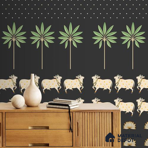 Pichwai Cow Painting Inspired Wallpaper for Walls, Customised Indrani Series Soft Feel Tropical Design (Customised Size Wallpaper )