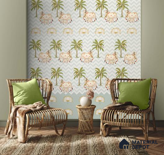 Pichwai Cows in Chevron Pattern Wallpaper Sukoon Series Handmade Patterned Design (Customised Size Wallpaper)