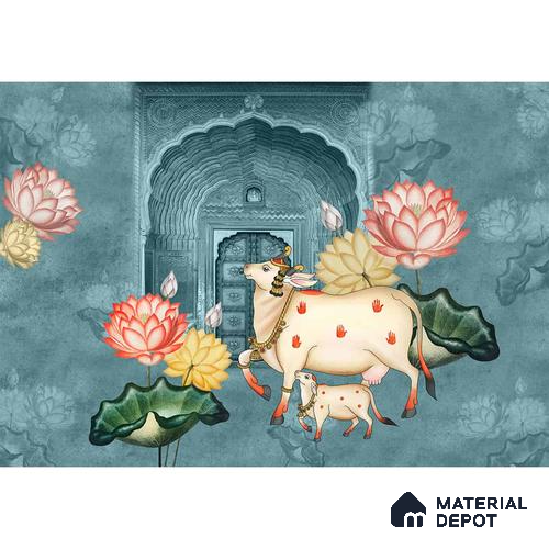 Pichwai Style Blue Wallpaper for Lobby and Temple Walls Indrani Series Handmade Artistic Design (Customised Size Wallpaper )