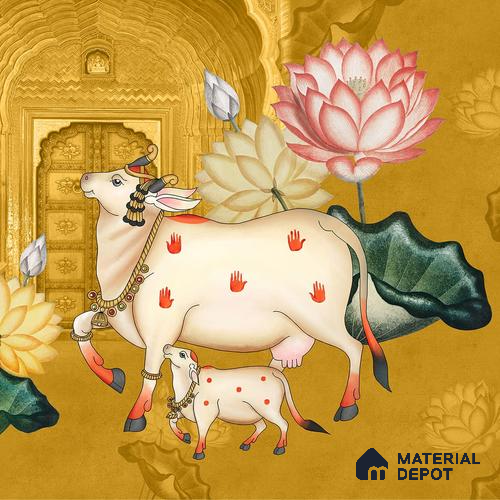 Pichwai Style Wallpaper for Lobby and Temple Walls, Yellow Indrani Series Canvas Artistic Design (Customised Size Wallpaper )