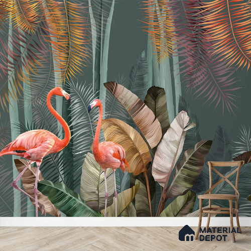 Pink Flamingos in Tropical Jungle Wallpaper for Rooms Indrani Series Soft Feel Tropical Design (Customised Size Wallpaper )