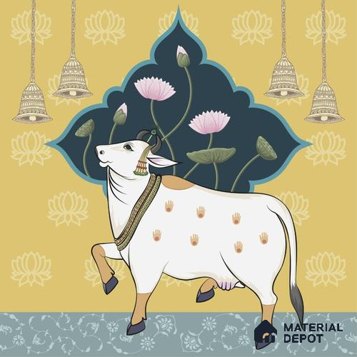 Sacred Cows in Serenity, Pichwai Yellow Wallpaper Indrani Series Soft Feel Artistic Design (Customised Size Wallpaper )