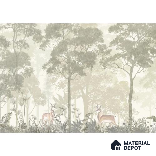 Vintage Forest Theme for Rooms in Light Green-Beige Colors Soft Feel (Customised Wallpaper)