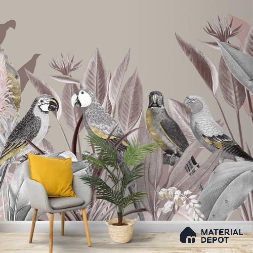 A close-up of aYellow Chinoiserie Wallpaper with Flowers and Birds, Customised Sparkla N Shine Series Chinoserie Design (Customised Size Wallpaper) with a finish available at Material Depot in Bangalore